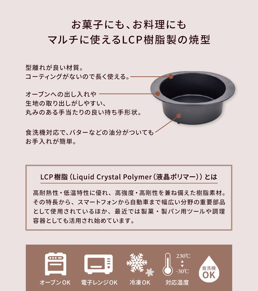 お菓子にも、お料理にもマルチに使えるLCP樹脂製の焼型
