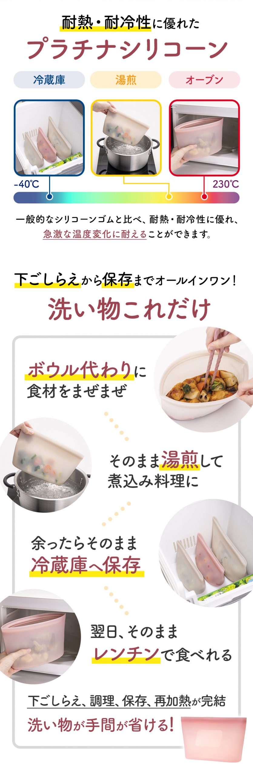 耐熱・耐冷性に優れたプラチナシリコーン 下ごしらえから保存までオールインワン!洗い物これだけ