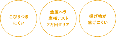 こびりつきにくい、金属ヘラ摩耗テスト2万回クリア、揚げ物が焦げにくい